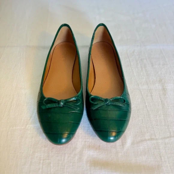 J.Crew Emerald Green Leather Ballet Flats Women's Shoes Bow Detail - Picture 1 of 4